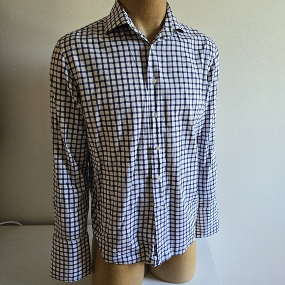 BOSTON BROTHERS White and Navy Plaid Shirt,Fabric Made in Italy - Picture 3 of 11